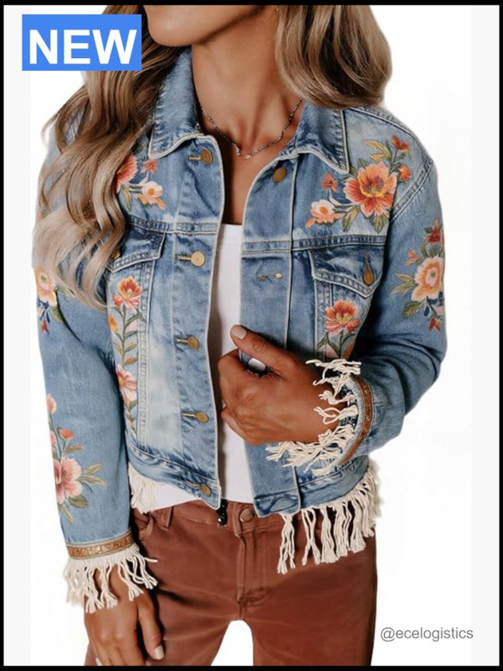 Women's Scallop Trim Denim Jacket with Pockets Trucker Button Up
